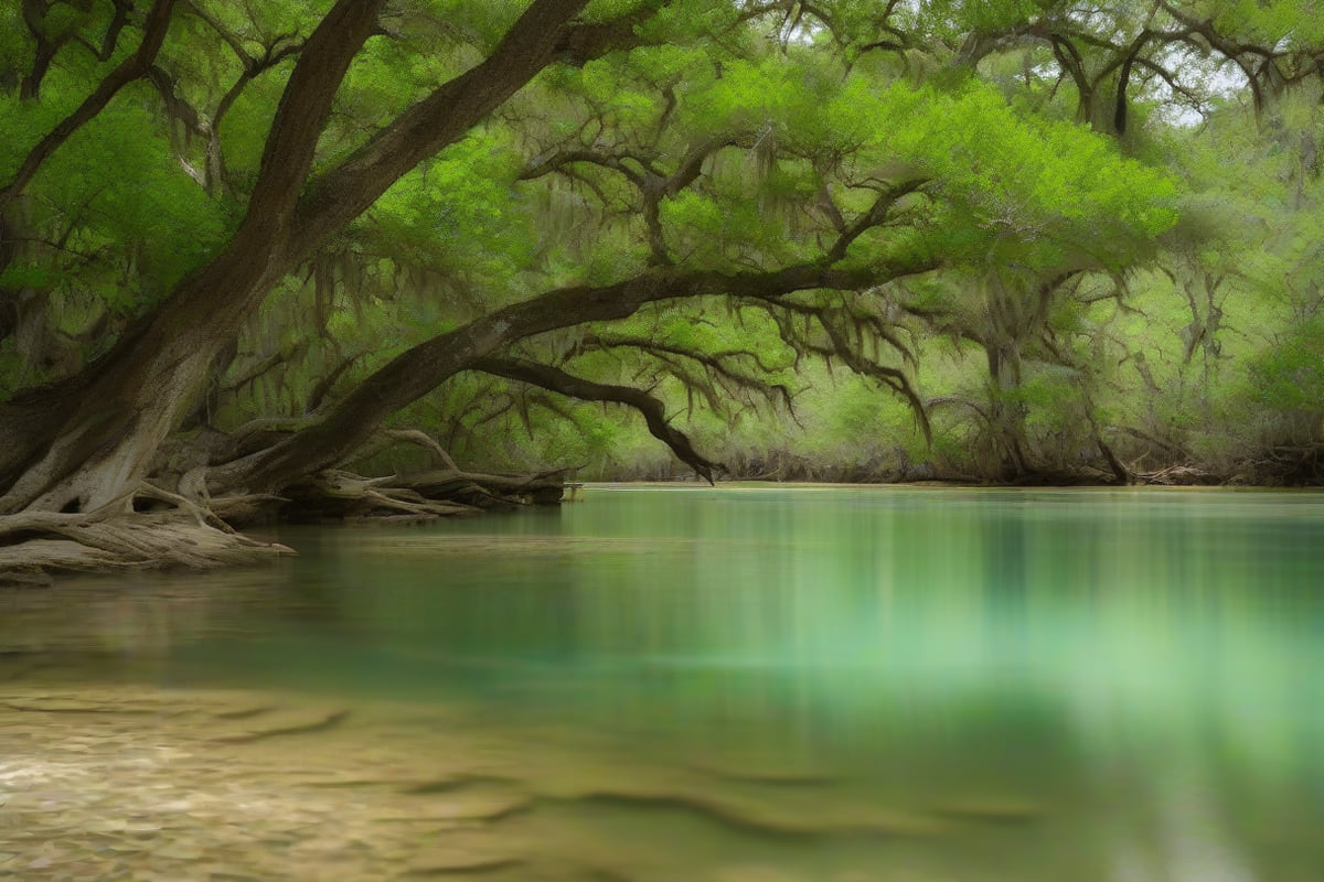 A shallow Central Texas creek running over pale limestone ledges with live oaks and cypress along the bank