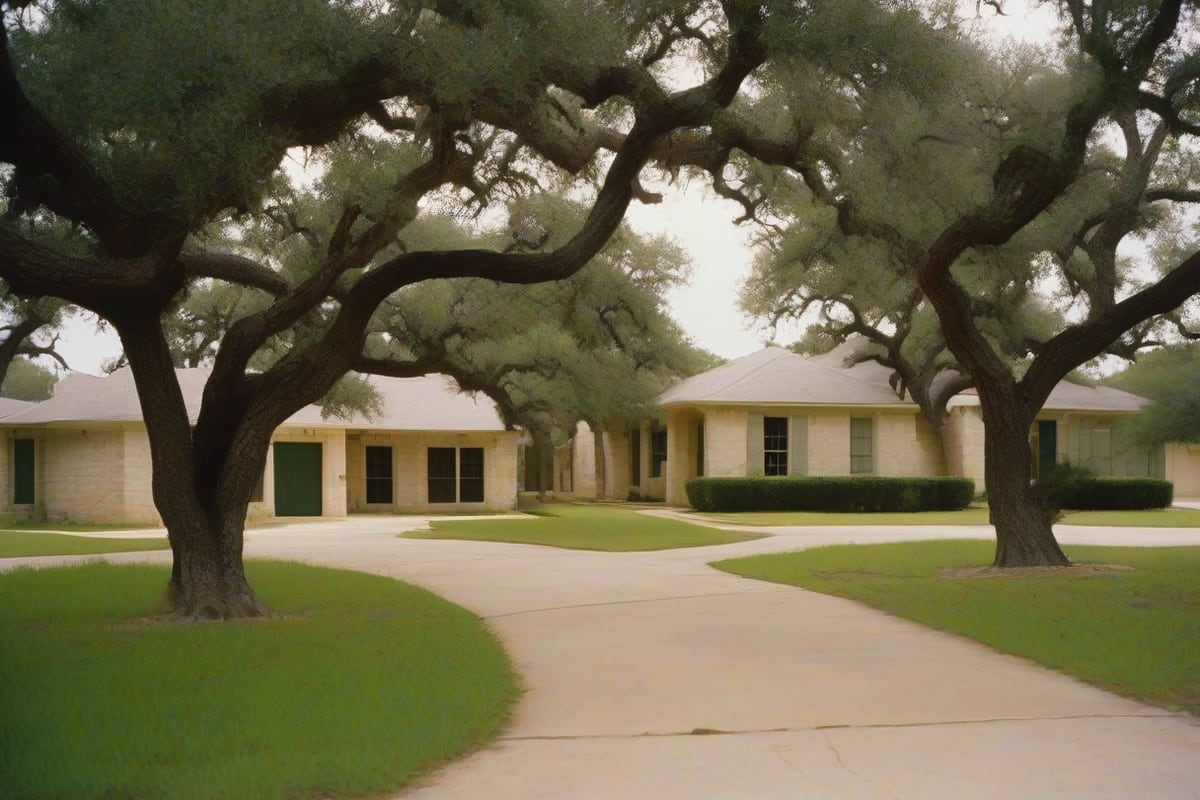 Homes with pale limestone and brick facades among live oaks on a gently rolling street in Round Rock, Texas