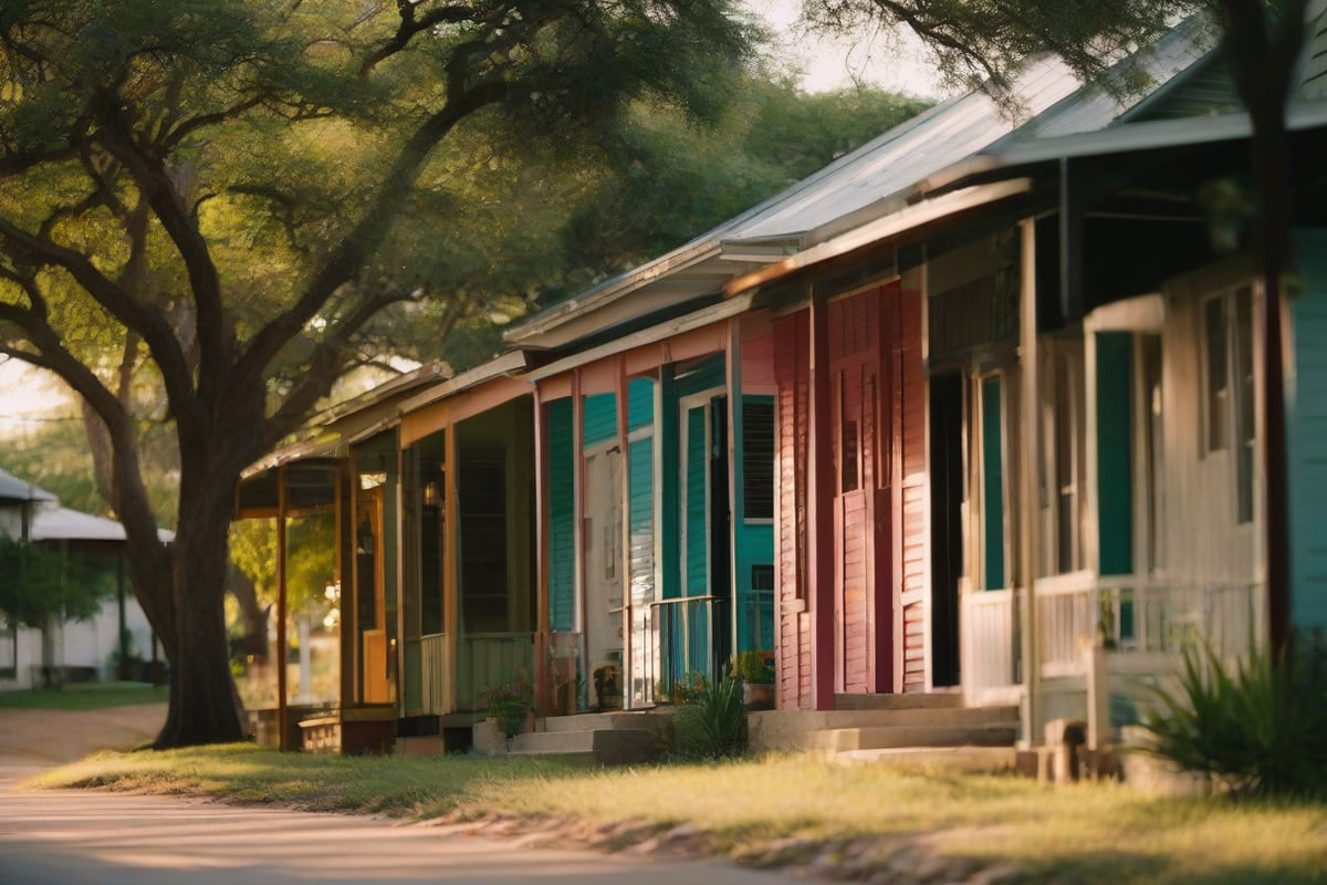 A row of small, colorful single-story cottages with tin roofs and narrow front yards on a shaded side street