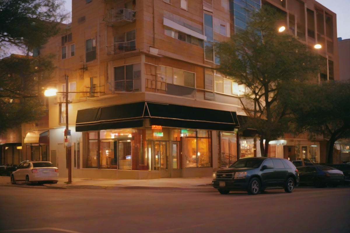 Mid-rise mixed-use building with balconies above ground-floor shops and a dark awning on a wide avenue at dusk