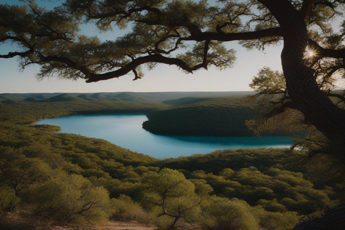A wide view over wooded hills to a winding lake under a clear late-afternoon sky