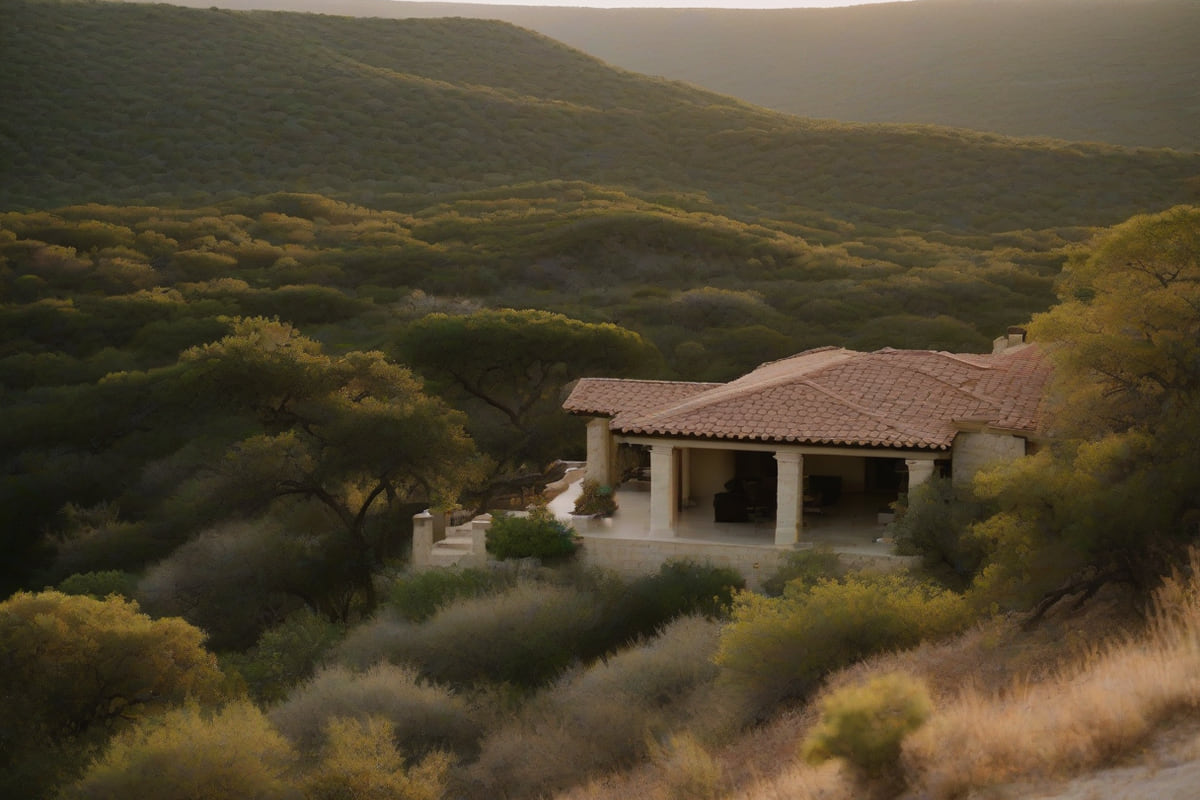 Home with a red tile roof set into a brushy hillside of cedar and oak