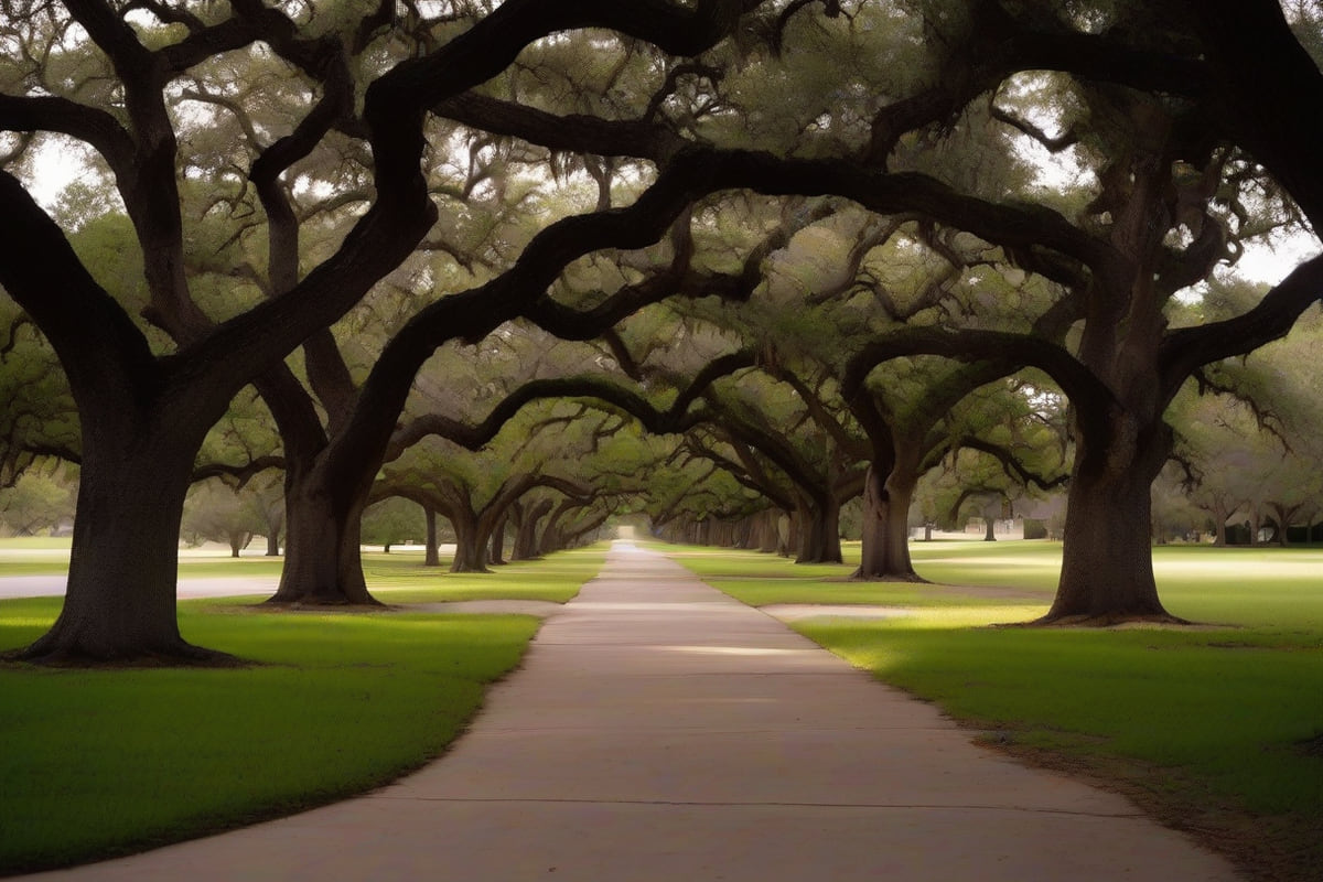 A paved path beneath a long row of large live oaks crossing a wide lawn