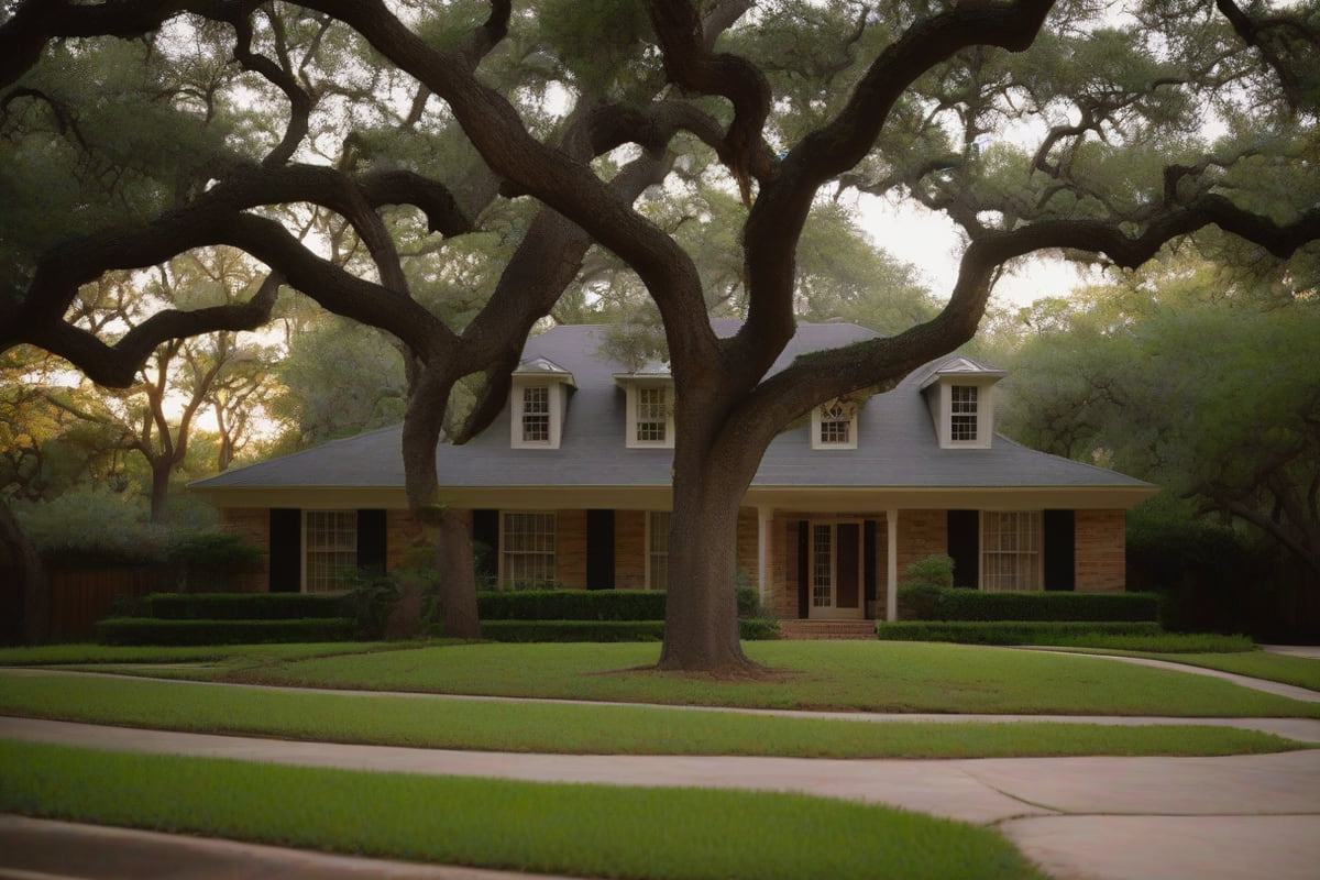 Two-story brick traditional home with a slate-gray roof behind mature live oaks on a quiet, curving residential street