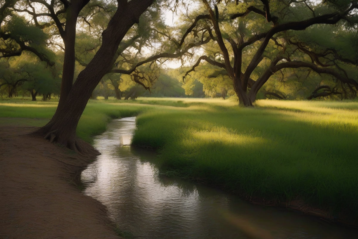 A small hillside creek winding through a wooded park beneath tall pecan and oak trees