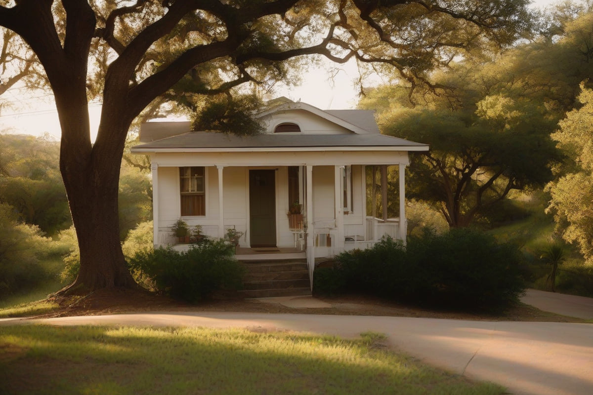 White 1920s wood-frame cottage with a raised front porch on a sloping, tree-shaded lot