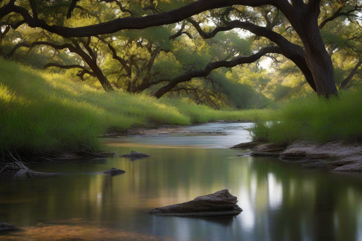 A clear limestone-bottomed creek running beneath tall pecan trees and grassy banks in early morning light