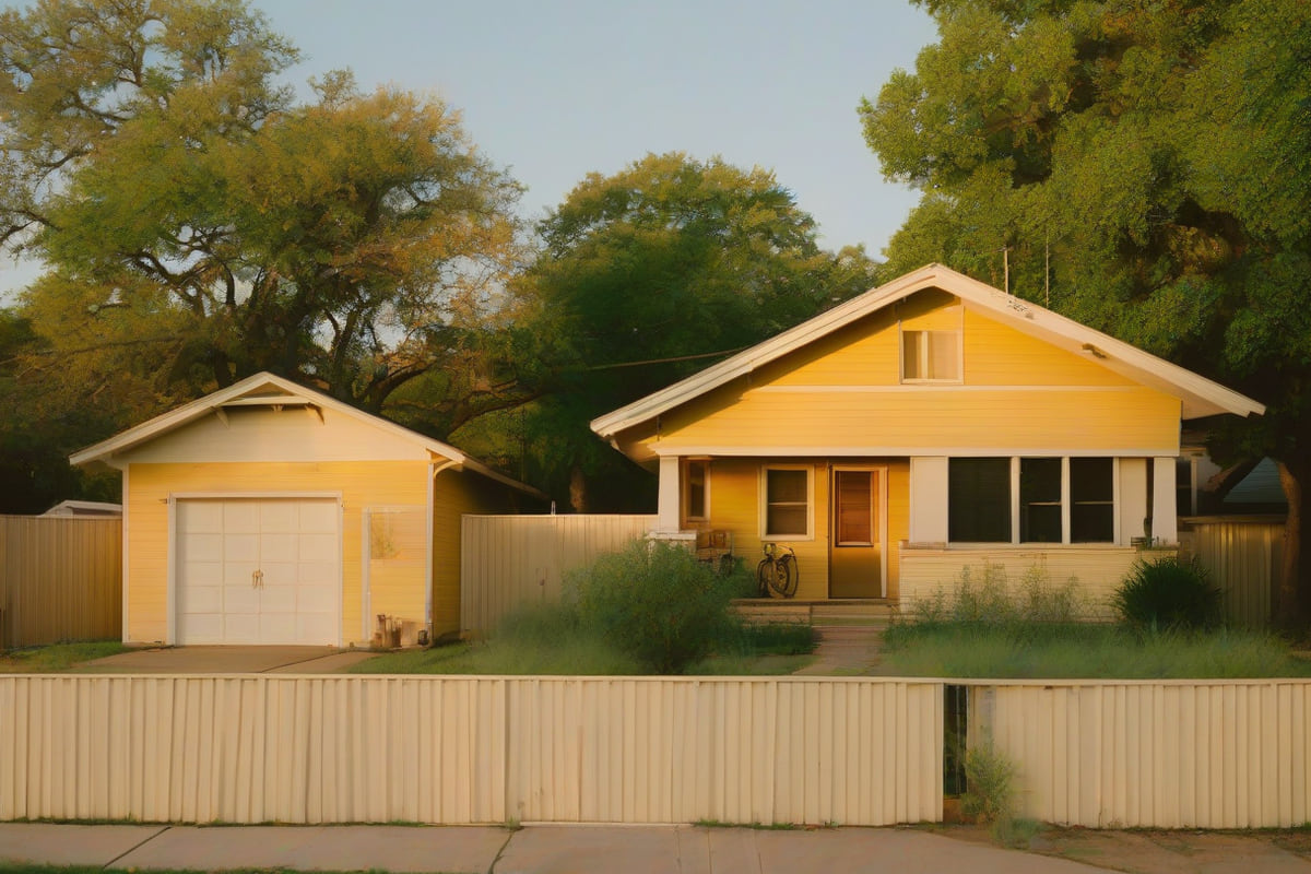 Pale yellow 1940s wood-sided bungalow with a front porch and a detached garage behind a low wooden fence