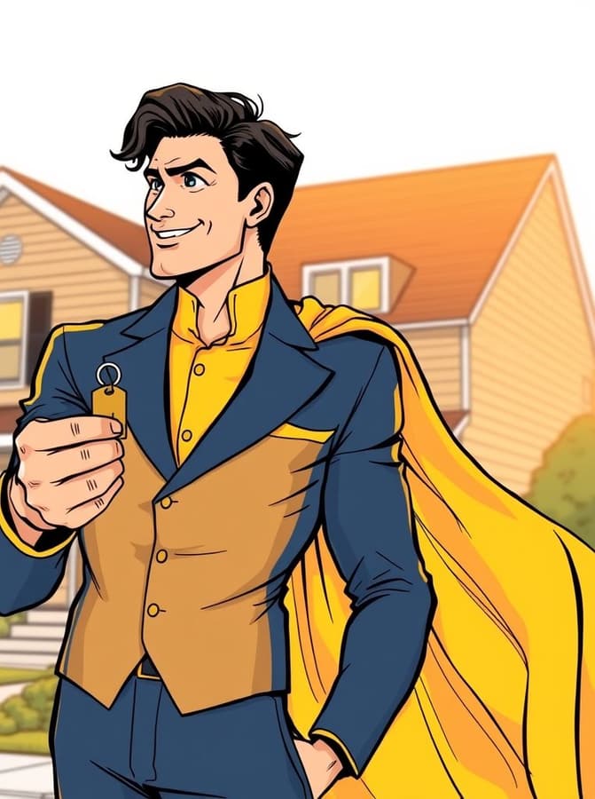 HOMEFRONT, Wise Capital Mortgage's first-time home buyer hero, handing over a set of house keys in front of a starter home