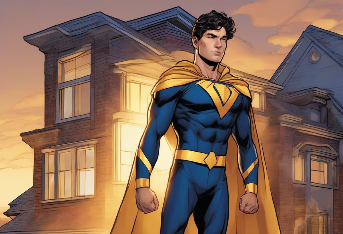 HOMEFRONT, Wise Capital Mortgage's first-time and conventional home buyer hero, standing before a two-story suburban home at golden hour