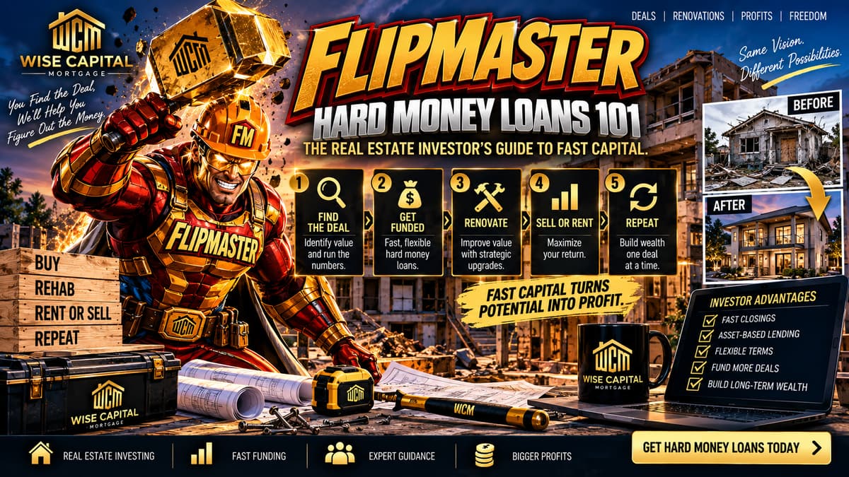 Illustrated FLIPMASTER figure beside a property under renovation with a loan structure breakdown showing purchase advance and rehab draws