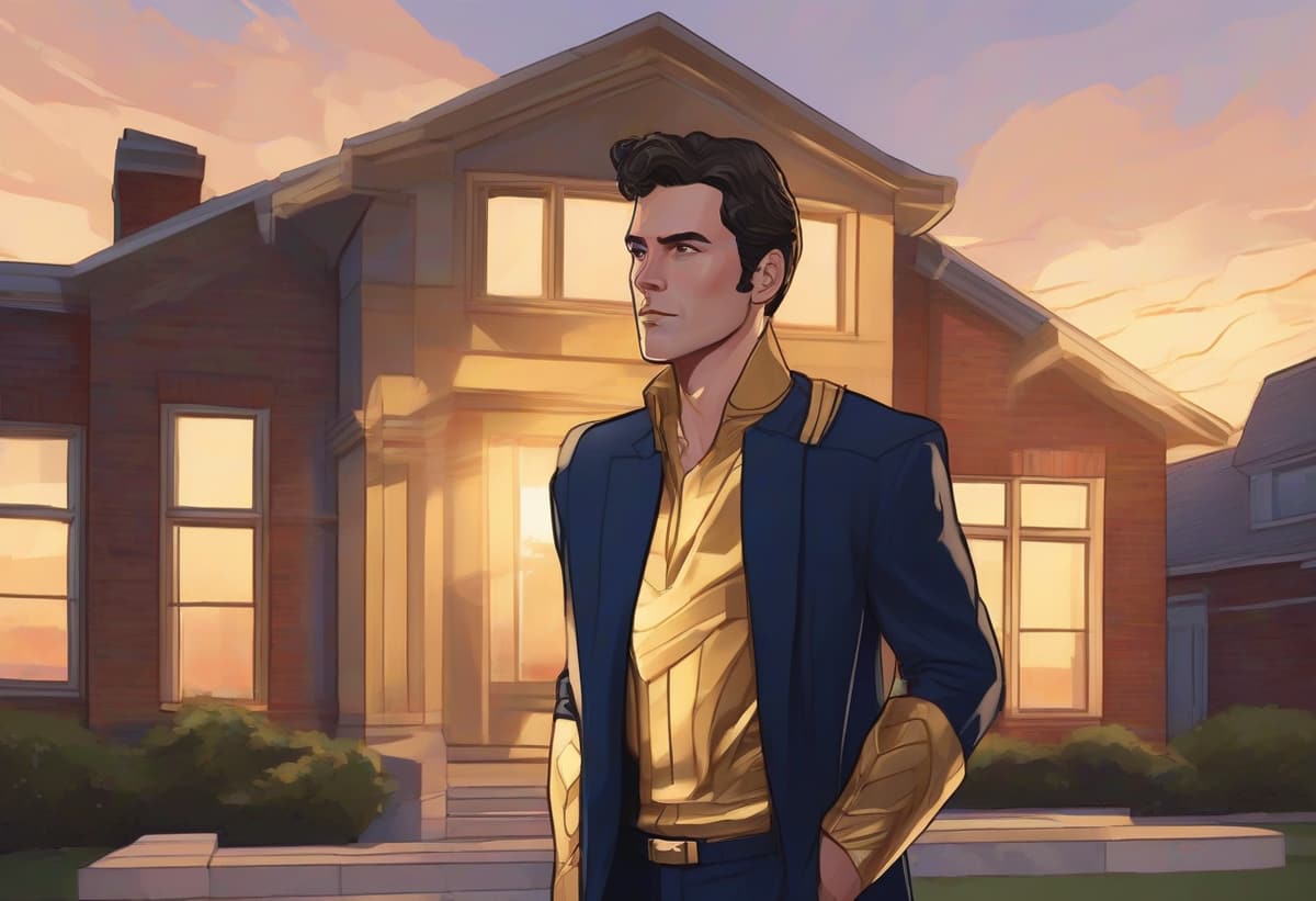 HOMEFRONT, Wise Capital Mortgage's home buyer hero, standing in front of a large luxury home