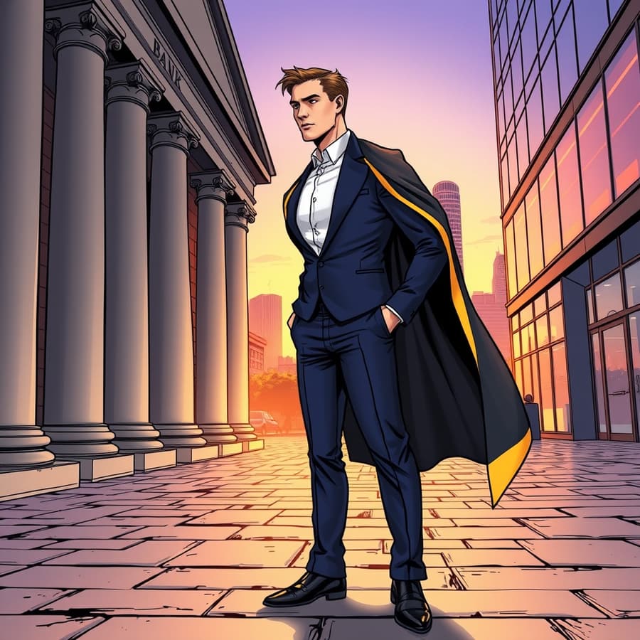 HOMEFRONT, Wise Capital Mortgage's first-time home buyer hero, standing at a fork in the road between a single bank building and a row of open lender doors