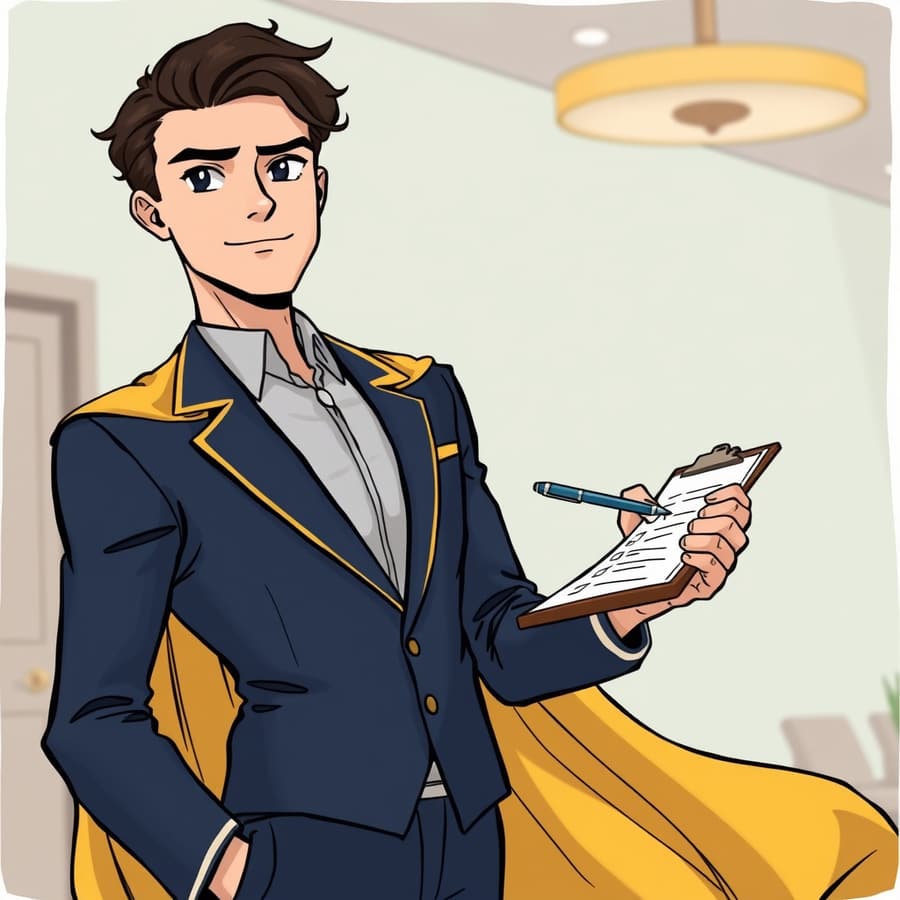 HOMEFRONT, Wise Capital Mortgage's first-time home buyer hero, checking items off a list on a clipboard