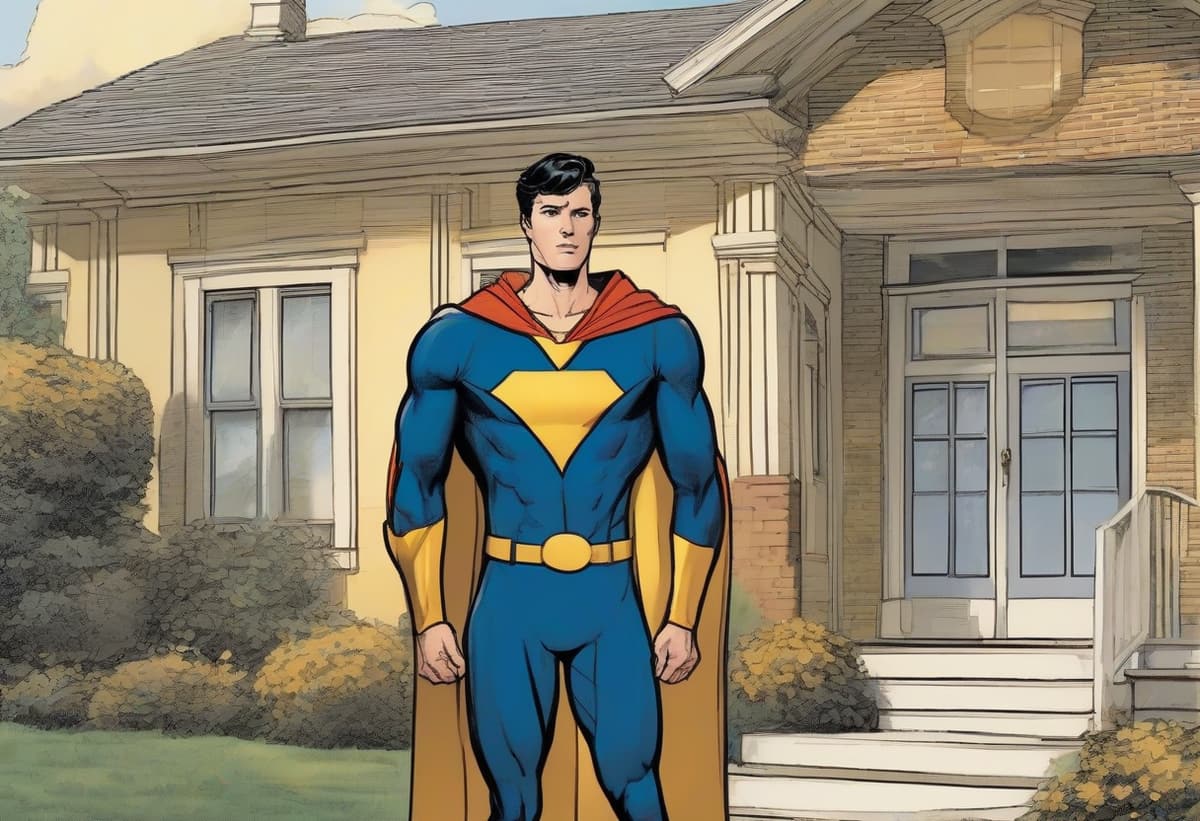HOMEFRONT, Wise Capital Mortgage's home buyer hero, standing beside a home with an American flag on the porch