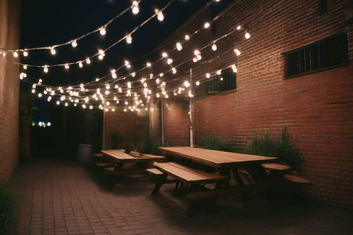 A bar patio at night strung with warm bulb lights above wooden picnic tables and planters against a brick wall
