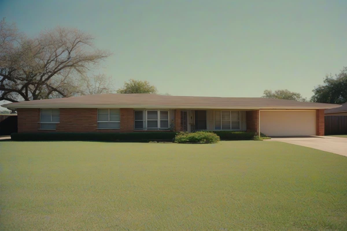 A long low 1960s brick ranch house with a carport and a wide flat lawn under a big North Texas sky