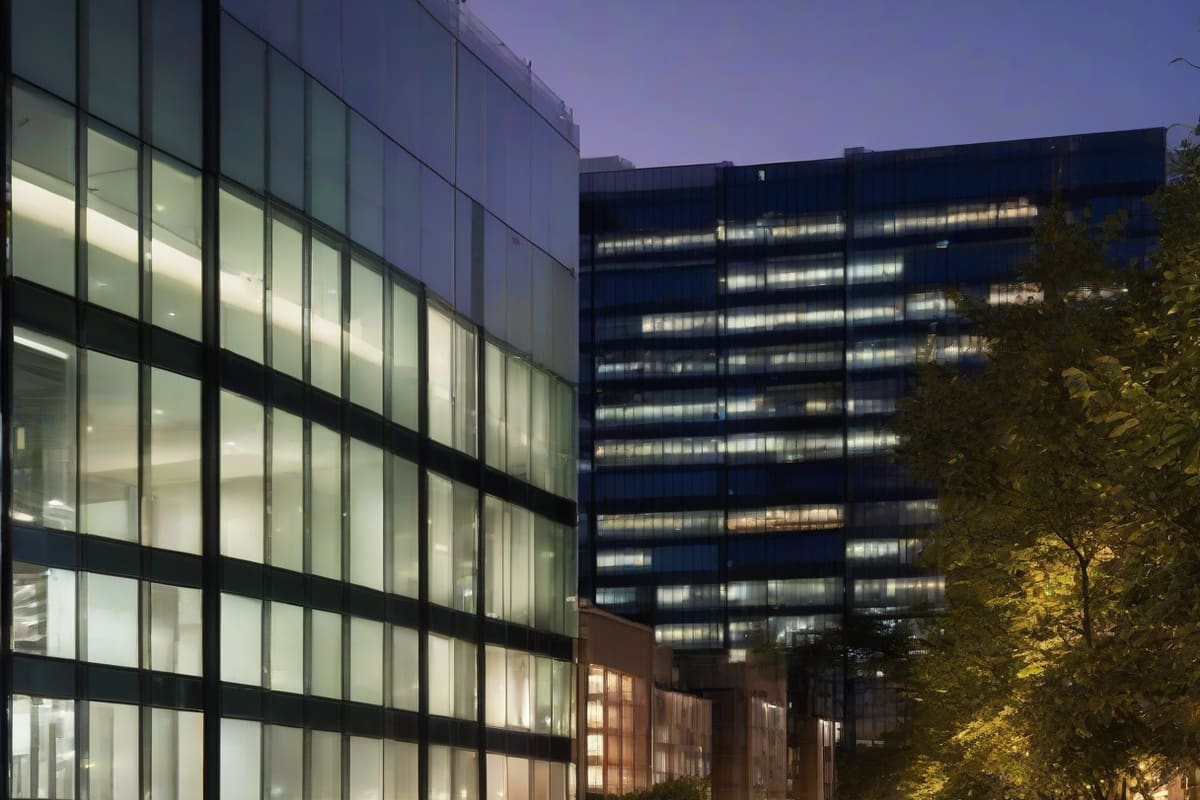 Modern glass and steel towers at dusk seen from a tree-lined street below, with warm interior lights and a deep blue sky