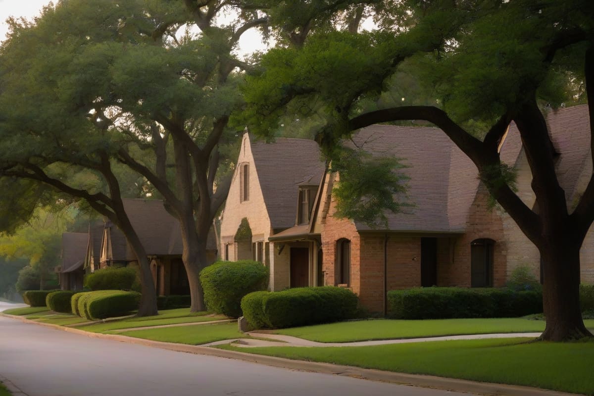 A brick Tudor Revival cottage with a steep gabled roof and arched entry on a residential street shaded by mature trees in Dallas