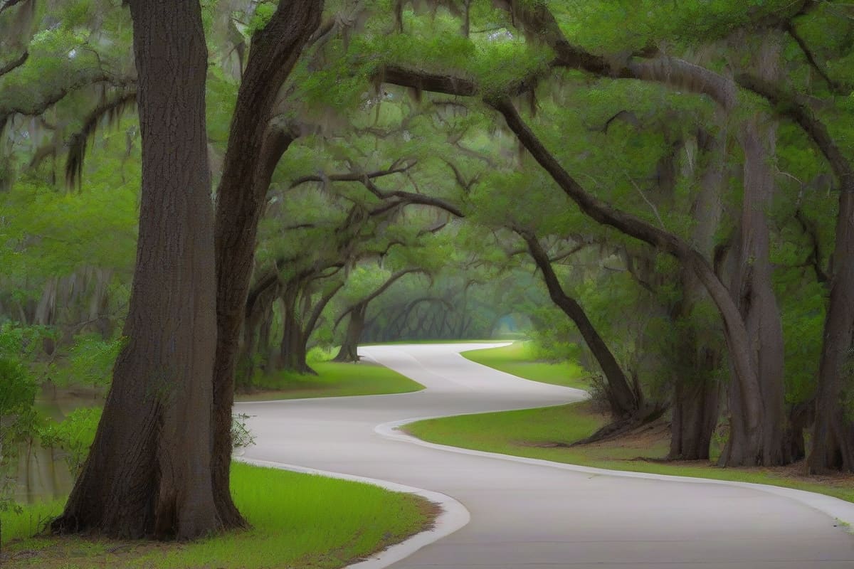A slow green bayou winding between wooded banks with a concrete hike and bike trail alongside in Houston, Texas
