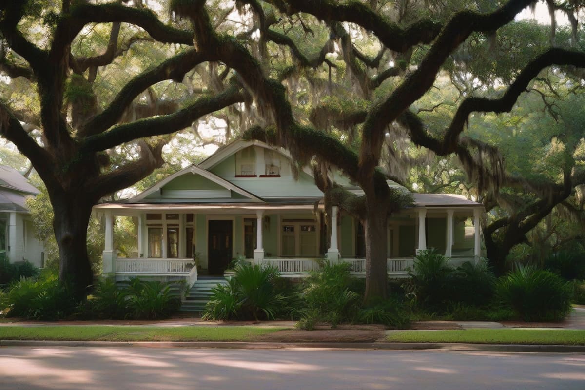 Nineteen-twenties Craftsman bungalows with deep porches and tapered columns on a street shaded by tall live oaks in Houston, Texas