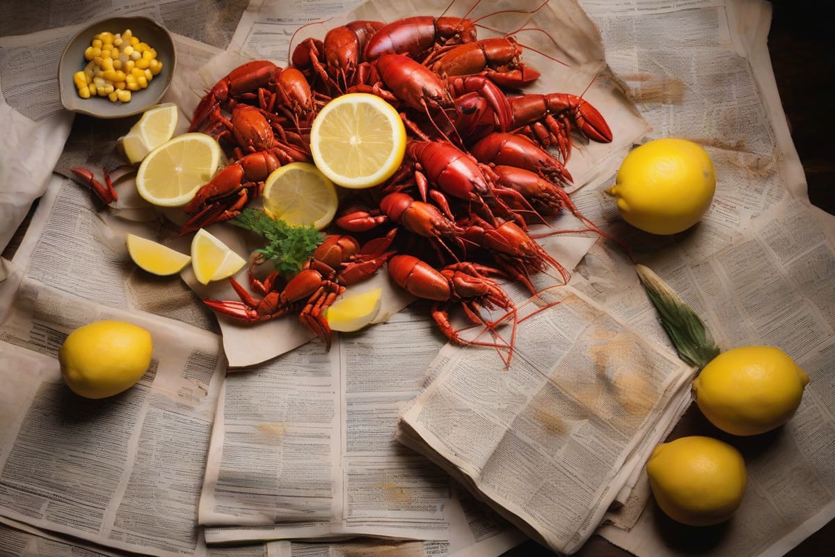 A tray of Viet-Cajun crawfish with corn, potatoes and garlic butter sauce on a steel table