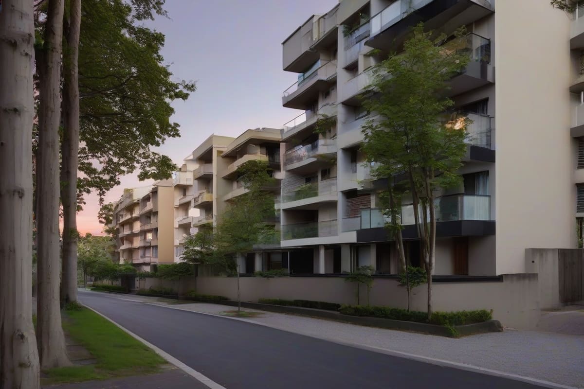 Four-story residential buildings with balconies and ground-floor glass along a wide tree-lined boulevard at dusk in Houston, Texas