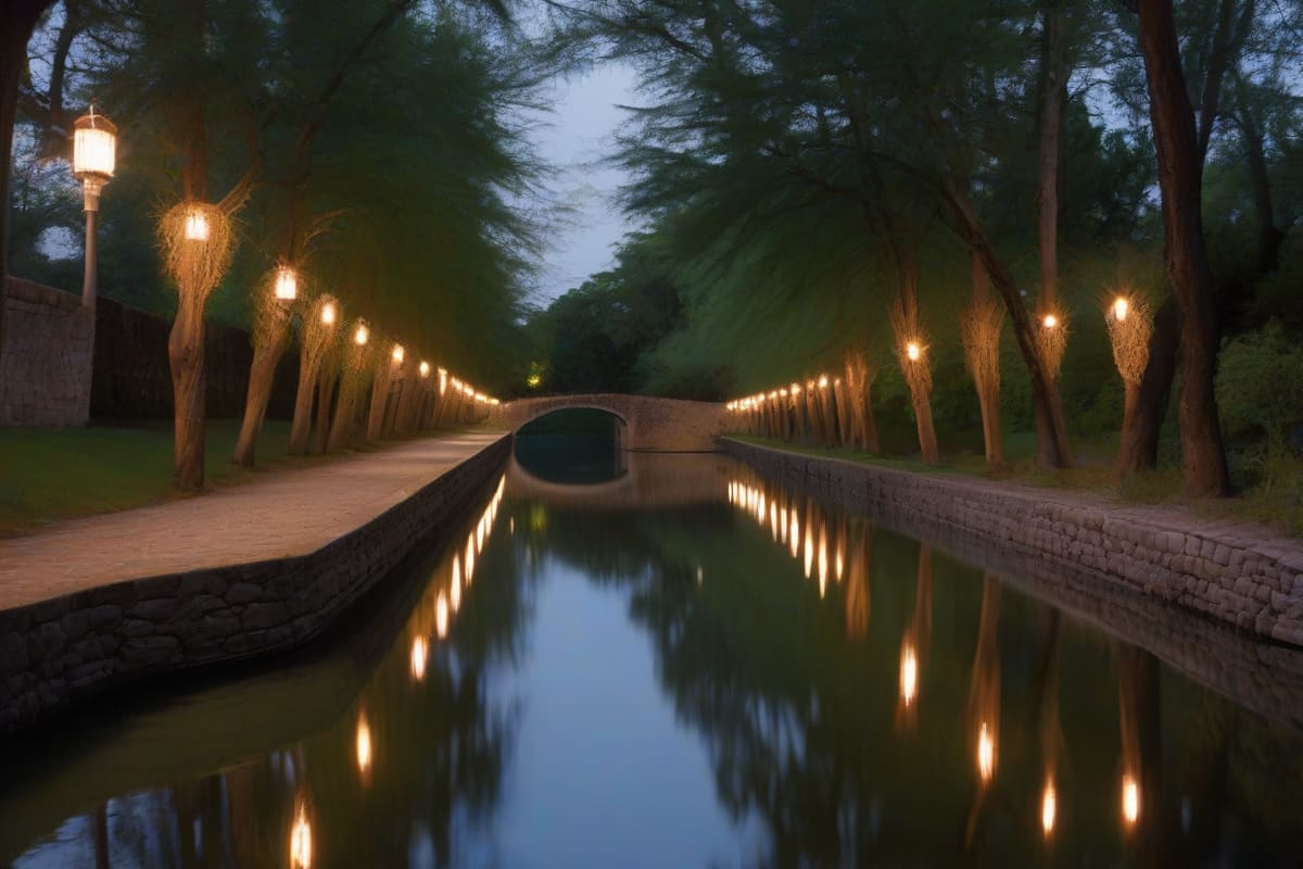 A narrow stone-walled canal lined with bald cypress trees and string lights at dusk, with a stone footbridge crossing it