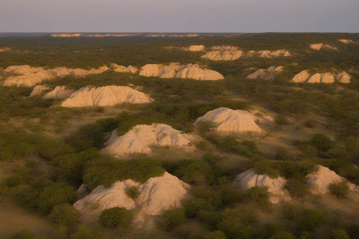 Oak-covered limestone hills on the northern edge of San Antonio with stone and stucco houses set into the ridges