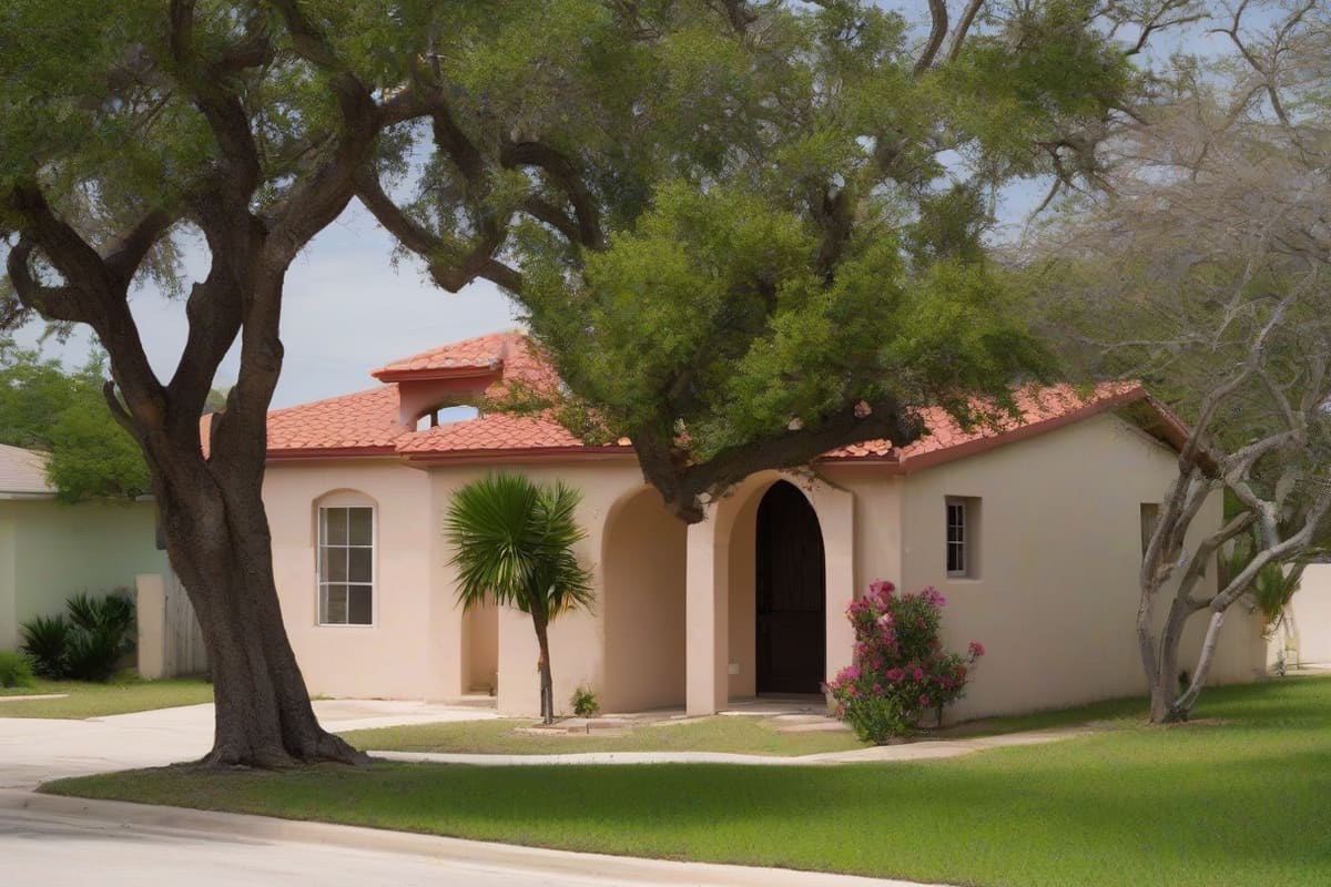 Single-storey stucco homes with low-pitched clay tile roofs and arched entries on a street lined with crepe myrtles in San Antonio, Texas