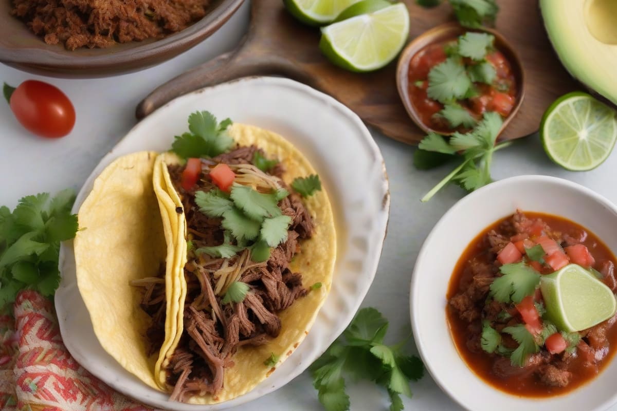 Puffy tacos and barbacoa on a ceramic plate with lime wedges, cilantro and bowls of salsa