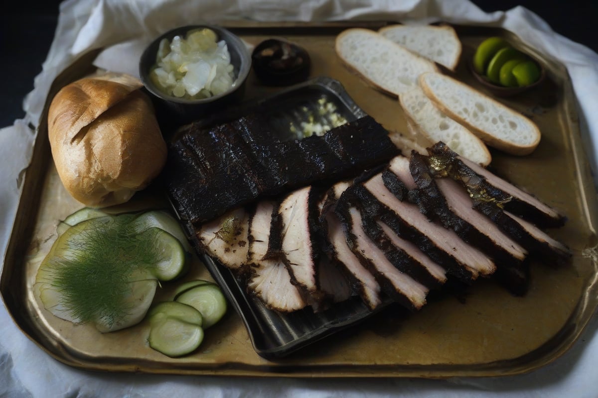 Sliced smoked brisket with dark bark on a tray with bread, pickles and onion