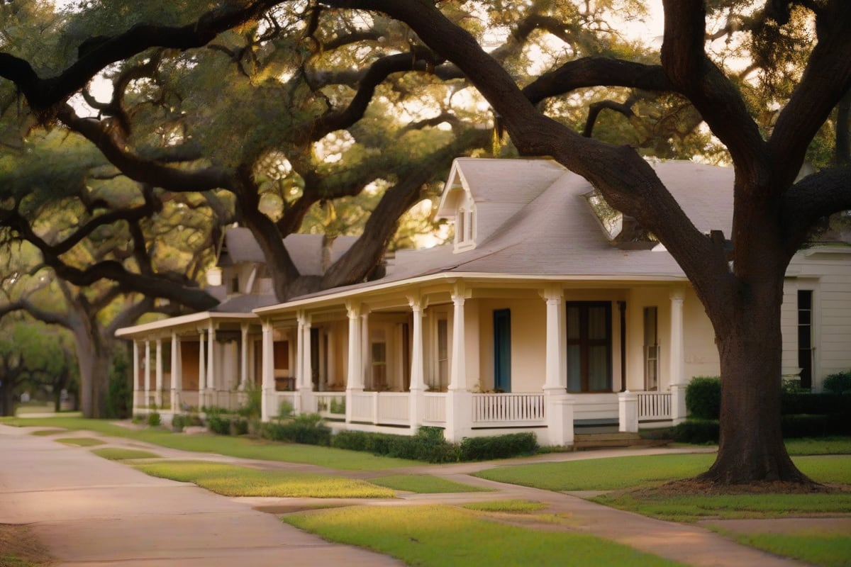A row of 1930s bungalows with deep porches under large live oaks