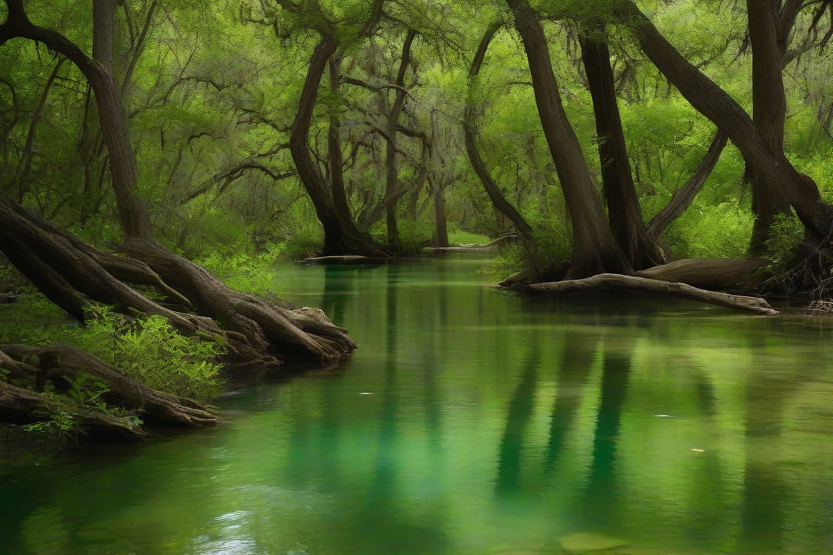A limestone creek with clear green pools and cypress trees in a wooded greenbelt