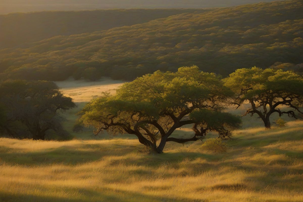 Rolling Hill Country ridges covered in live oak and cedar at golden hour