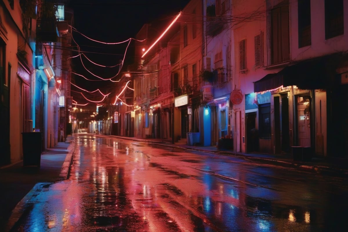 A narrow street at dusk lined with small bars under neon and string lights