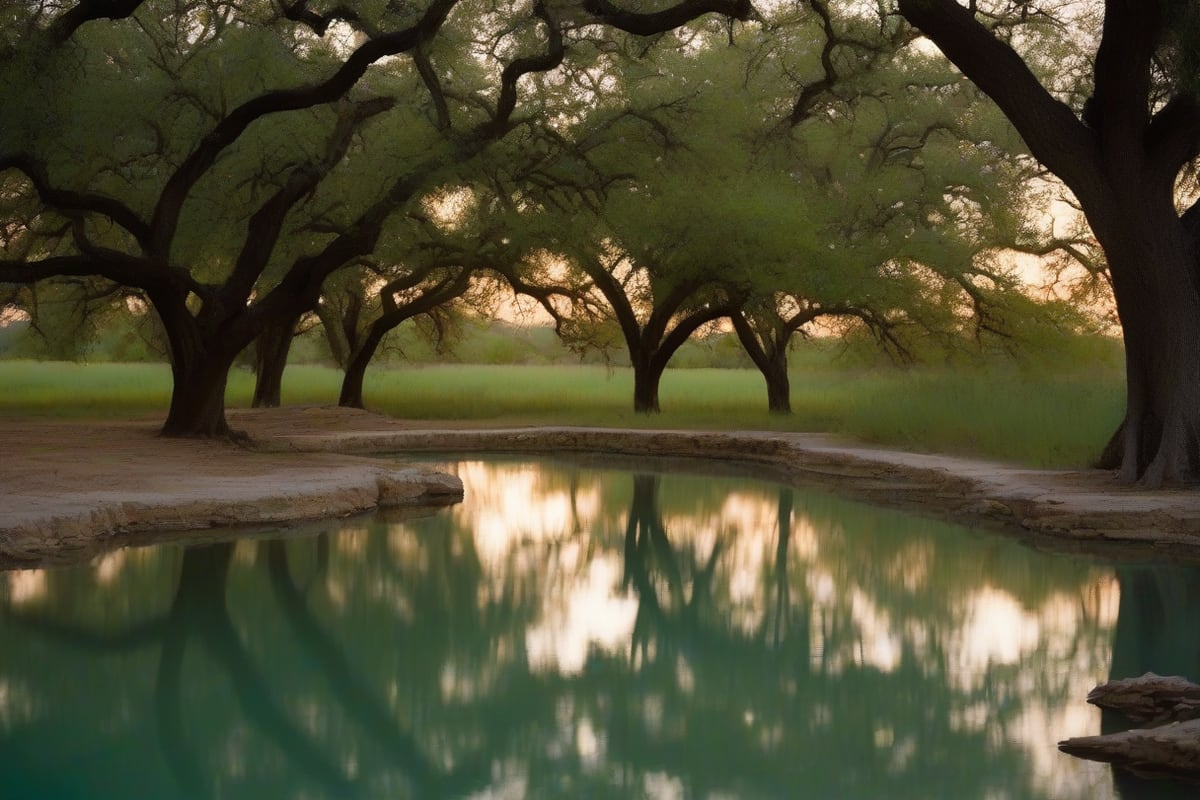 A spring-fed swimming hole with limestone banks under live oaks