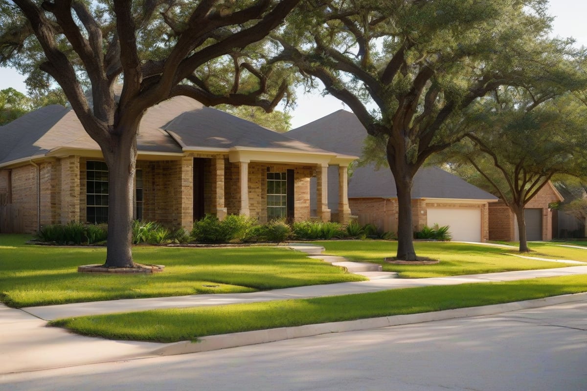 Newly built brick and stone homes on a wide suburban street with young live oaks