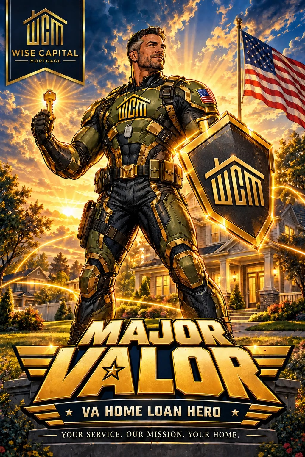 MAJOR VALOR standing guard over a home at sunset, holding a glowing key, with a WCM shield and the American flag behind him