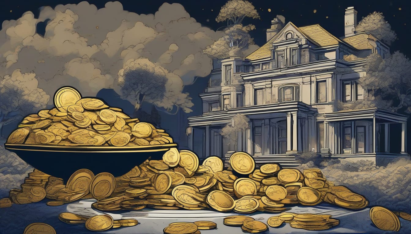 Comic book style illustration of a balance scale with a mansion on one side and gold coins on the other