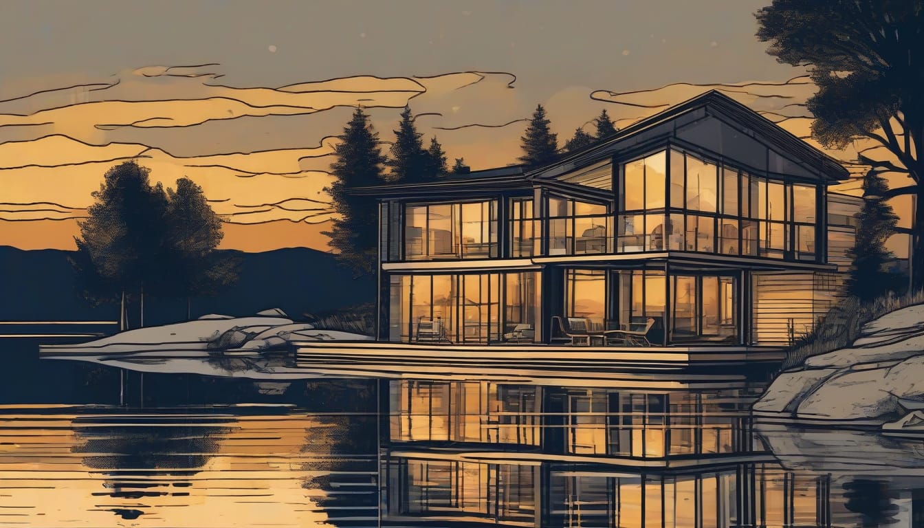 Comic book style illustration of a modern lakefront home at dusk reflected in still water