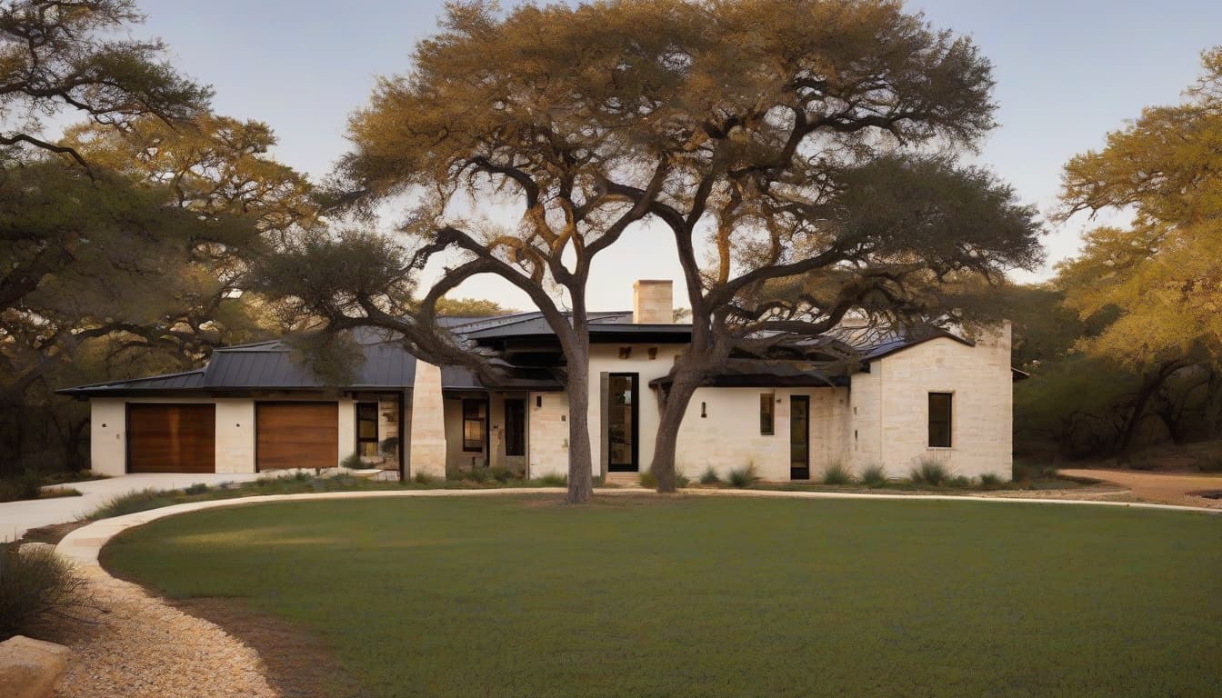 Single-storey Austin area home with white limestone walls and a dark standing-seam metal roof, framed by a mature live oak and native landscaping