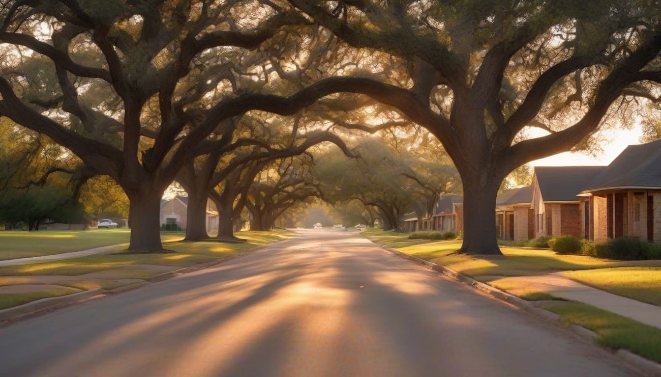 Residential street in the Austin area at golden hour, brick and stone houses set back behind front lawns beneath a canopy of mature live oaks